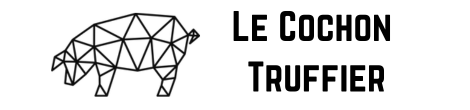 Black and White line drawing geometric pig logo representing Le Cochon Truffier with text stating Le Cochon Truffier